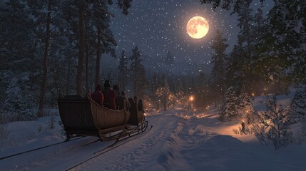 A group of people ride a sleigh through a snowy forest under a full moon.