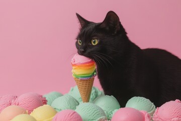 Wall Mural - Black cat with green eyes eating a rainbow ice cream cone against a pink background.