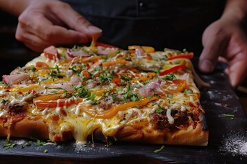 Fresh pizza on black board held by hands, melted cheese, herbs, close-up of vibrant toppings