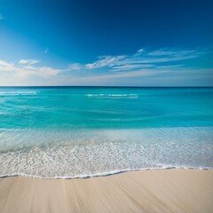 the ocean is calm and the water is blue the sand is white and the waves are gentle