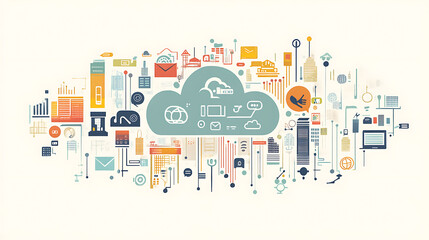 Poster - the cloud surrounded by digital icons and urban city landscape