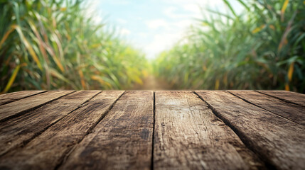 Aufkleber - The empty wooden brown table top with blur background of sugarcane plantation, Exuberant image, , for montage or display products