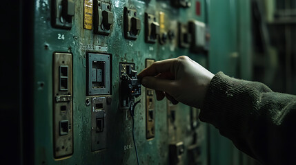 Fototapete - Turning on circuit breaker on control panel after it tripped due to overload
