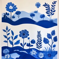 Blue and white abstract floral illustration with hills and greenery.