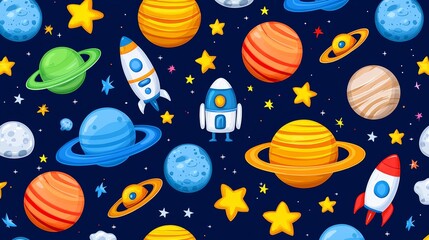 this seamless background features a flat illustration of outer space, including planets and stars.