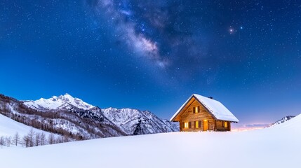 Wall Mural - Night sky with Milky Way over the mountains in winter Beautiful winter scene with small houses, clouds, and stars.