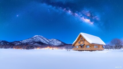Wall Mural - Picture of the Milky Way over mountains at night in winter. Small houses, clouds and starry sky with the Milky Way can be found in this picturesque landscape.