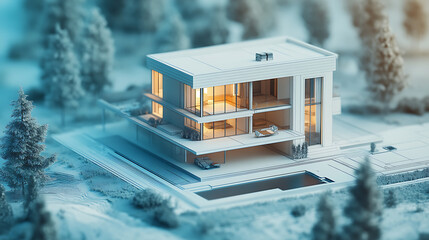 Leinwandbilder - 3D illustration of a modern cottage concept found on blueprints