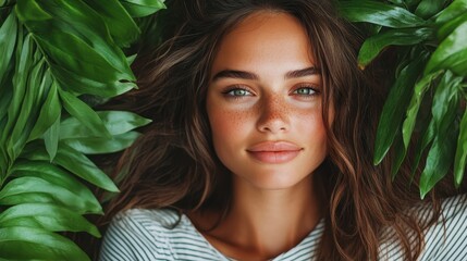 A captivating portrait of a woman with wavy hair, calmly surrounded by vivid green leaves, highlighting the beauty of nature and the peacefulness found therein.