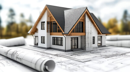 Leinwandbilder - 3D illustration of a modern cottage concept found on blueprints