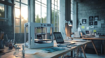 Poster - 3D maker's workshop, there's an SLA 3D printer and a laptop on the table, representing the concept of 3D printing, Workplace for engineering tasks, including prototyping detailed computer models