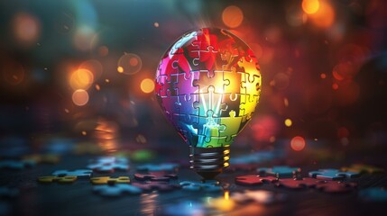 Poster - A light bulb made of puzzle pieces. AI.