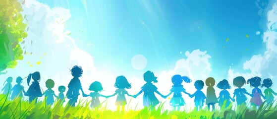 Wall Mural - Children holding hands in a field. AI.