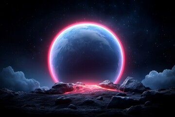Wall Mural - the background of a blue alien planet depicts a red and orange moon, a space dust storm, a dark sky,