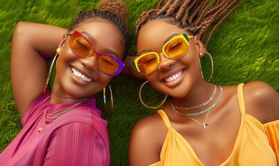 Poster - Two friends smiling while wearing sunglasses and laying on grass. AI.