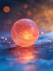 Wall Mural - a glowing sphere with a textured surface sits on a reflective surface, surrounded by bokeh lights. a