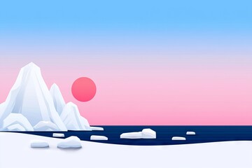 An illustration of a frozen arctic landscape with a bright sun shining overhead.