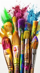 A bunch of colorful paintbrushes with paint splatters. AI.