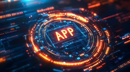 Aufkleber - A digital technology background with a focus on the acronym API, which stands for Application Programming Interface, highlighted in the center amidst abstract high, tech elements and binary code