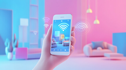 Leinwandbilder - A hand holding a white phone with a smart home app, surrounded by 3D, rendered room and WiFi icons, symbolizes IoT and network connectivity