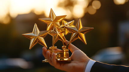 Poster - A hand gesture holding five golden star awards, representing success in business or the recognition of personal talent