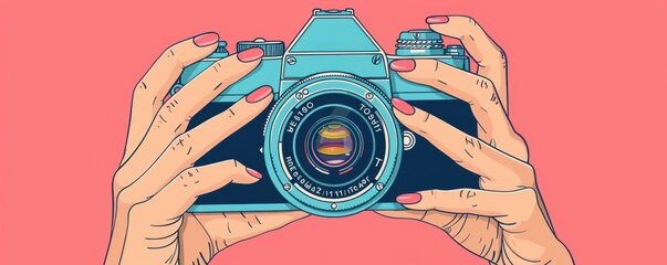 Close-up of hands holding a vintage film camera, showcasing creativity and photography passion.