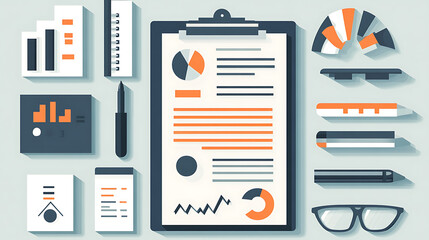 Aufkleber - A modern flat design of a clipboard, complete with document and pen, illustrating various business concepts like form filling and reporting