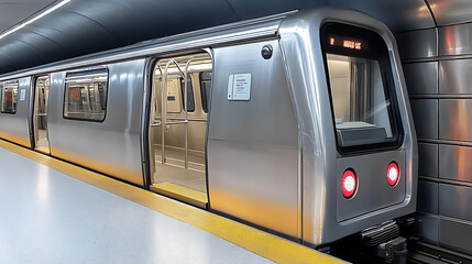 Poster - A silver subway train door is open, with the platform visible in front of it