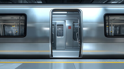 Poster - A silver subway train door is open, with the platform visible in front of it
