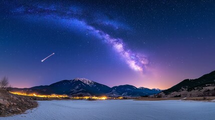The text on the space fort is over a beautiful starry night on a snowy rocky mountain