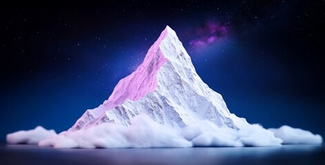 During a starry night in winter, the Milky Way arch shines brightly above beautiful snowy mountains. Landscape with snow covered high rocks, blue sky, and stars in Nepal. Space background of the