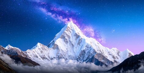Wall Mural - during winter, milky way starry arch across snowy mountains at starry night. landscape with snow cov