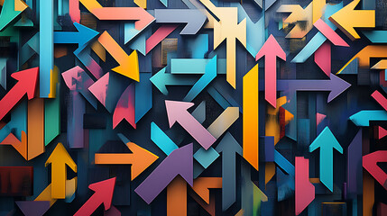 Poster - An artistic digital rendering featuring a collection of arrows pointing in various directions, symbolizing the complexity and multitude of choices involved in the decision, making process