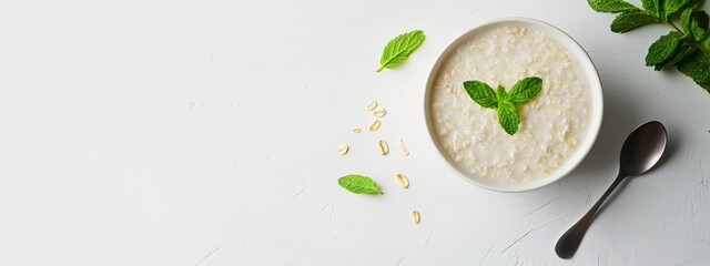 Bowl of Oatmeal with Mint on White Table