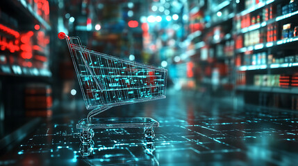 Leinwandbilder - Artificial Intelligence in Retail concept, featuring a high, tech background and a prominent shopping cart symbol, symbolizing the integration of AI in shopping experiences