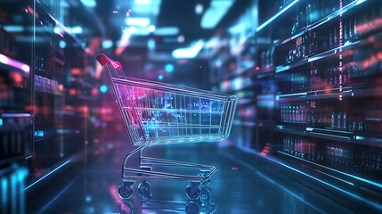 Aufkleber - Artificial Intelligence in Retail concept, featuring a high, tech background and a prominent shopping cart symbol, symbolizing the integration of AI in shopping experiences