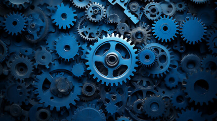 Fototapete - Abstract blue digital technology background with gears and cogs, dark color palette