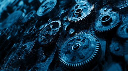 Fototapete - Abstract blue digital technology background with gears and cogs, dark color palette