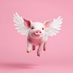 In flight against a pink backdrop, a piglet with wings flies