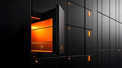 Poster - Bank safe deposit boxes in black and orange, There is an open door and a gold bar