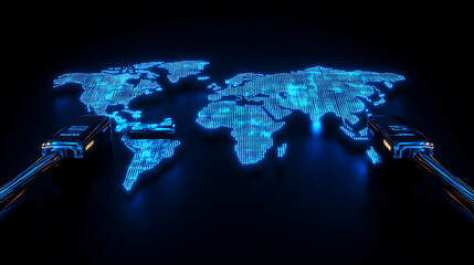 Leinwandbilder - Abstract global network concept with a blue glowing world map, data transfer and cyber technology background digital connections across the globe in abstract form