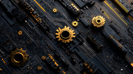 Poster - Abstract blue digital technology background with gears and cogs, dark color palette
