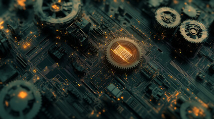 Poster - Abstract blue digital technology background with gears and cogs, dark color palette