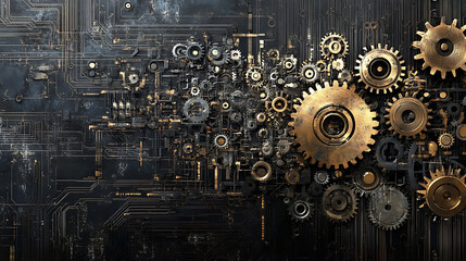 Aufkleber - Abstract blue digital technology background with gears and cogs, dark color palette