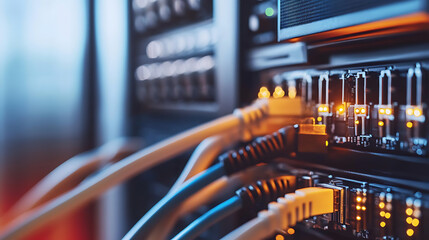 Leinwandbilder - Close, up of network cables with a fiber optical background, highlighting the critical infrastructure of data centers