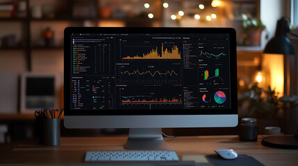 Poster - Computer monitor displaying an abstract network monitoring dashboard with real, time data analytics, graphs, and system health indicators