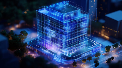 Leinwandbilder - A digital blueprint of an office building with holographic elements, showcasing the innovative technology behind its construction and life cycle management in architectural design