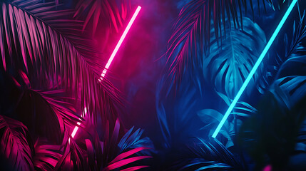 Fototapete - Dark jungle with neon lines and palm leaves night scene for tropical party background