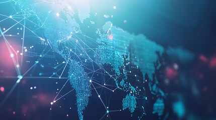 Poster - A light blue background with a digital world map and global network connections, representing the concept of international business or connectivity