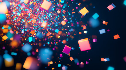 Poster - Digital art of glowing neon data points and pixelated code blocks floating in the air, representing digital innovation for virtual events and future technology use cases visualizations